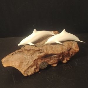 John Perry Carved Balanite Pellucida Duel Dolphin Sculpture on Burl Wood Base